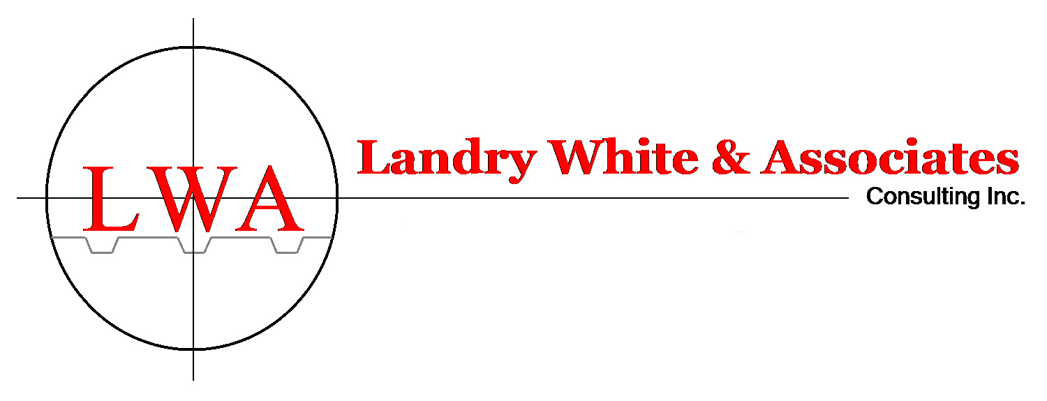 A red and white logo of landry white & associates